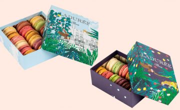 Des coffrets de macarons maison Ladurée dessinés par la créatrice Iracema Trevisan.