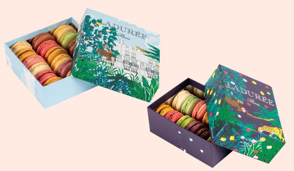 Des coffrets de macarons maison Ladurée dessinés par la créatrice Iracema Trevisan.